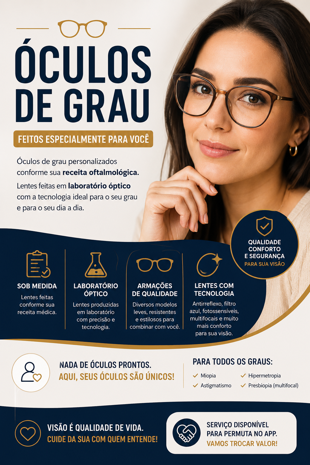 Óculos de grau personalizados mediante receita oftalmológica. Lentes fabricadas em laboratório óptico conforme o grau de cada cliente. Trabalhamos com armações e lentes de qualidade, incluindo opções antirreflexo, fotossensível ,filtro azul e multifocais.